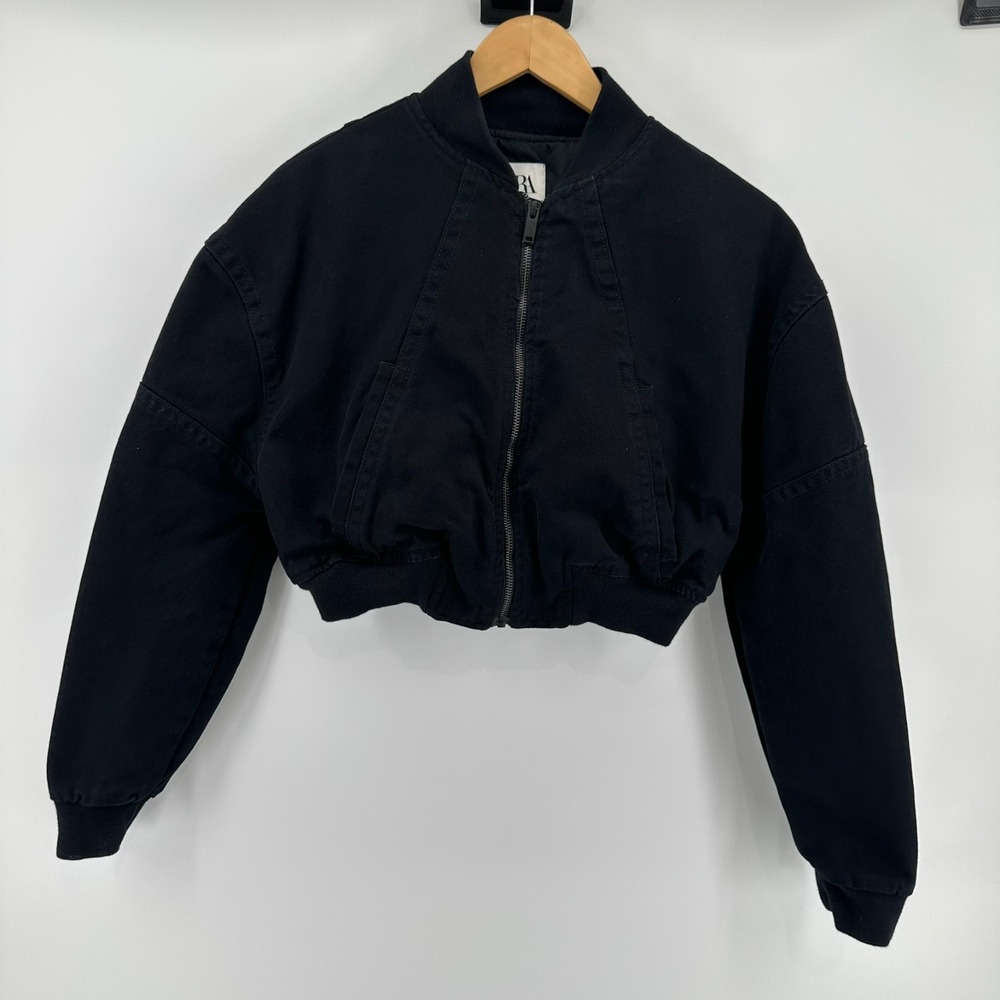 Zara Cropped Bomber Jacket Womens XS Black Canvas Full-Zip Pockets Oversized